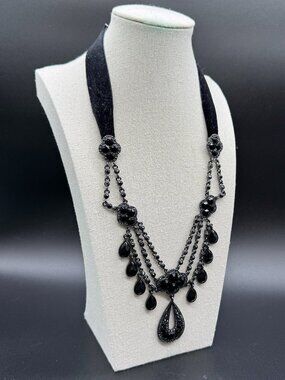 Statement Necklace Black Faceted Stones Gun Metal and Velvet Gothic